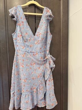 dee elly light blue floral wrap dress with ruffled Hem